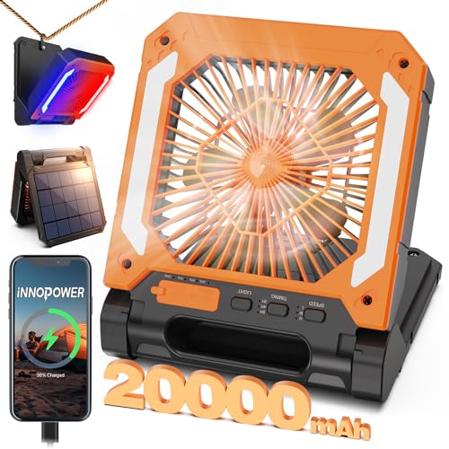 20000mAh Rechargeable Solar Powered Portable Fan with Led Lantern, 3 Speeds Cordless Battery Operated Camping Fan with PowerBank,Timer, Hangble & Quiet Desk Fan for Tent Hurricane Worksite (Orange)