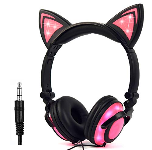 Kids Headphones with Cat Ears, LED Light Chargeable Earphones for Kids Teens Adults, Compatible for iPad, Tablet, Computer, Mobile Phone (Black&Pink)