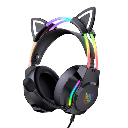 ONITOON Gaming Headset with Microphone, Cat Ears Headphones for PC/PS4/PS5/XBOX/Switch, RGB Backlight & Virtual Surround Sound, Lightweight Over Ear Headphones with Auto-Adjustable Headband