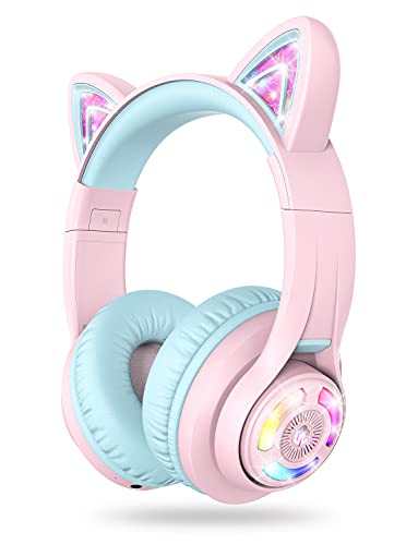 iClever Cat Ear Kids Bluetooth Headphones, LED Lights Up, 74/85/94dB Volume Limited, 50H Playtime,Bluetooth 5.2, USB C, Kids Headphones Wireless for Travel iPad Tablet, Meow Macaron (Pink)